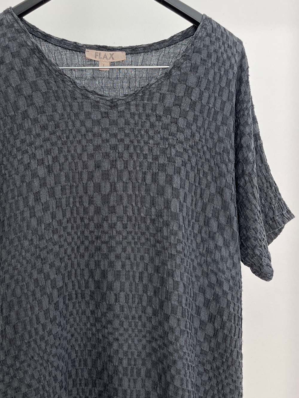 FLAX linen textured short sleeve v-neck tee L check pattern oversized lagenlook